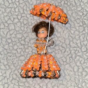 Vintage safety pin sweetie Doll With Umbrella beaded art